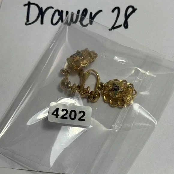 Vintage Eastern Star Masonic Screw Back Dangle Earrings Gold Tone Enamel Women - Picture 8 of 8